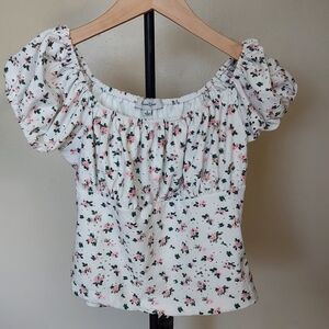 Faded Rose Floral Eyelet Puff Sleeve Cropped Milkmaid Top Sz L Coquette Feminine